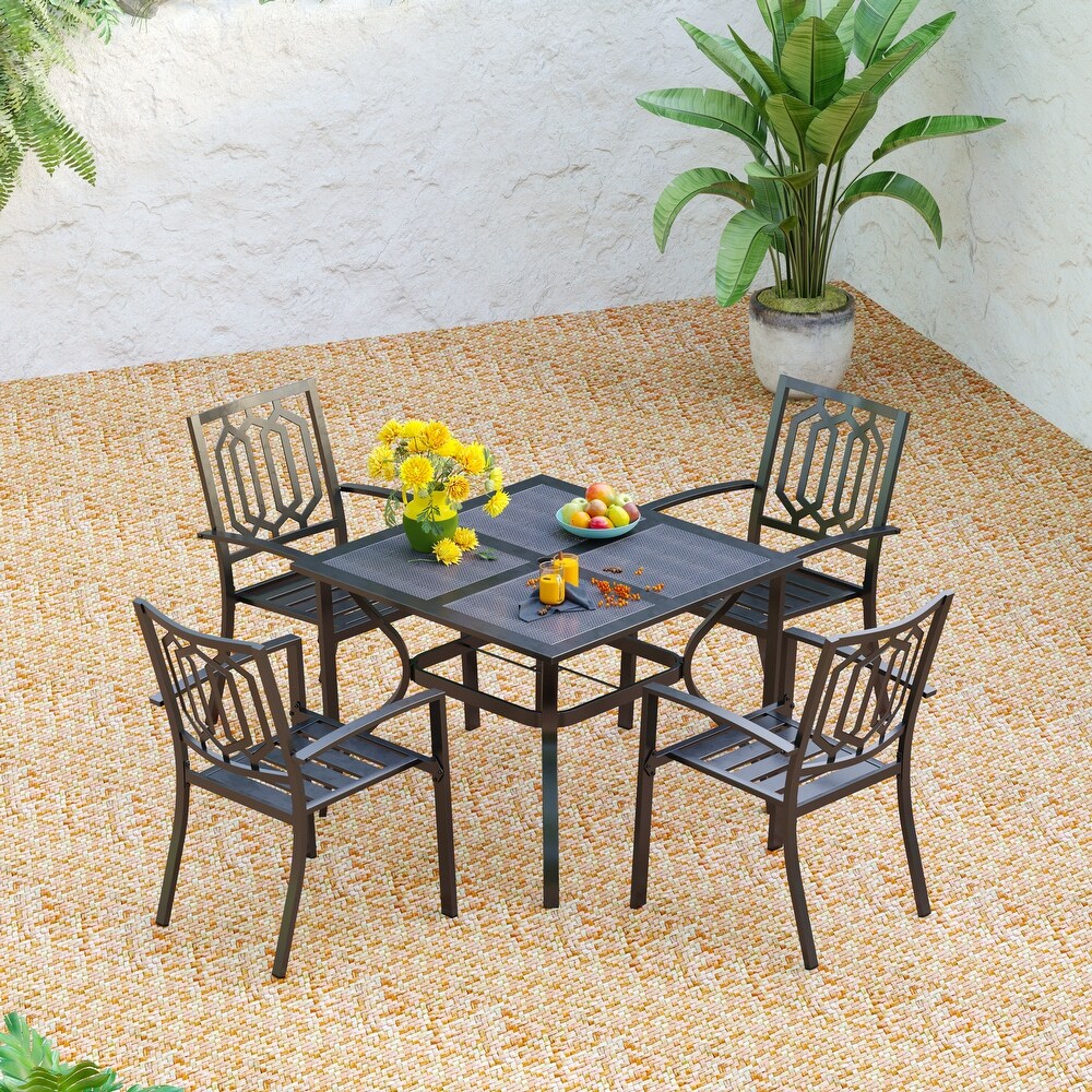 5 Piece Patio Metal Dining Set with 4 Armrest Chairs and Steel Frame Slat Larger Square 37\