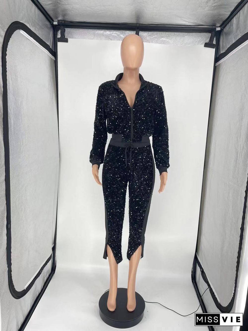 Sequins Zipper Fly Jacket and Pants Two Piece Set