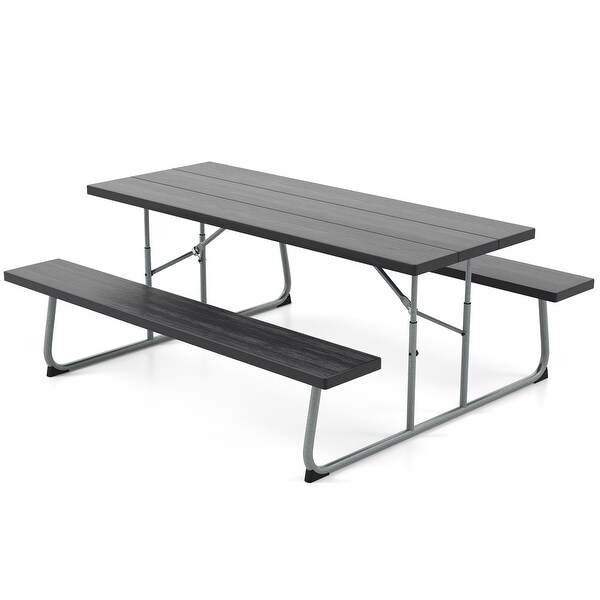 Folding Picnic Table Set with Metal Frame and AllWeather HDPE Tabletop，Umbrella Hole