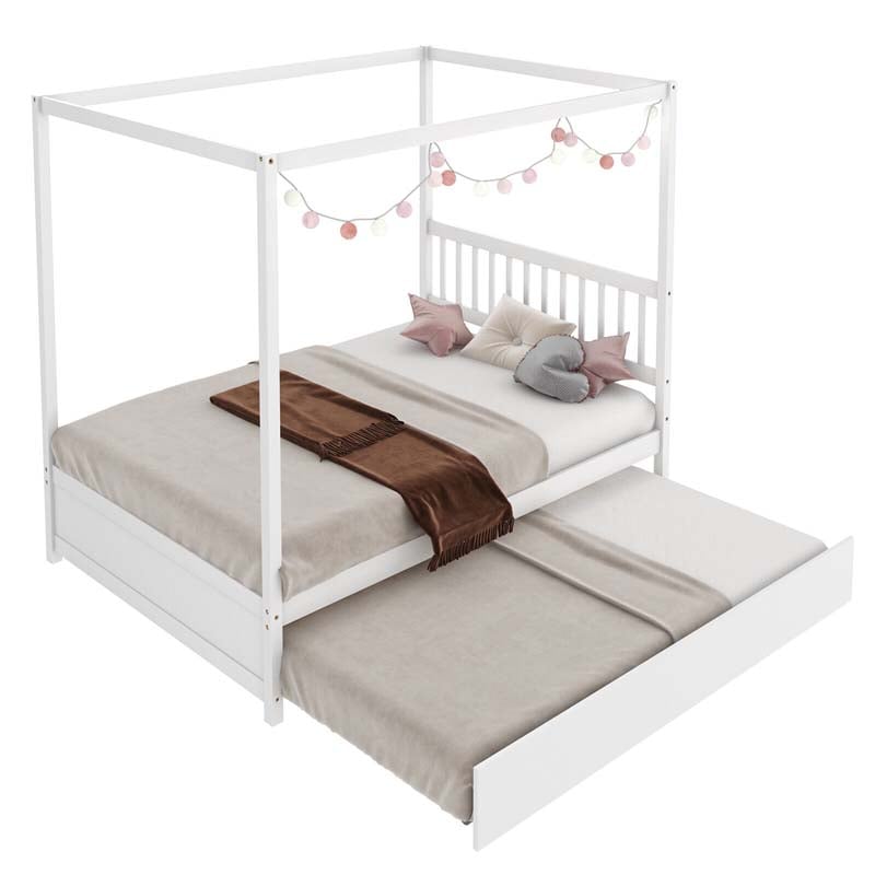 Full Size Canopy Bed with Trundle, Solid Wood Platform Bed Frame with Headboard, Full Bed for Kids Teens Adults