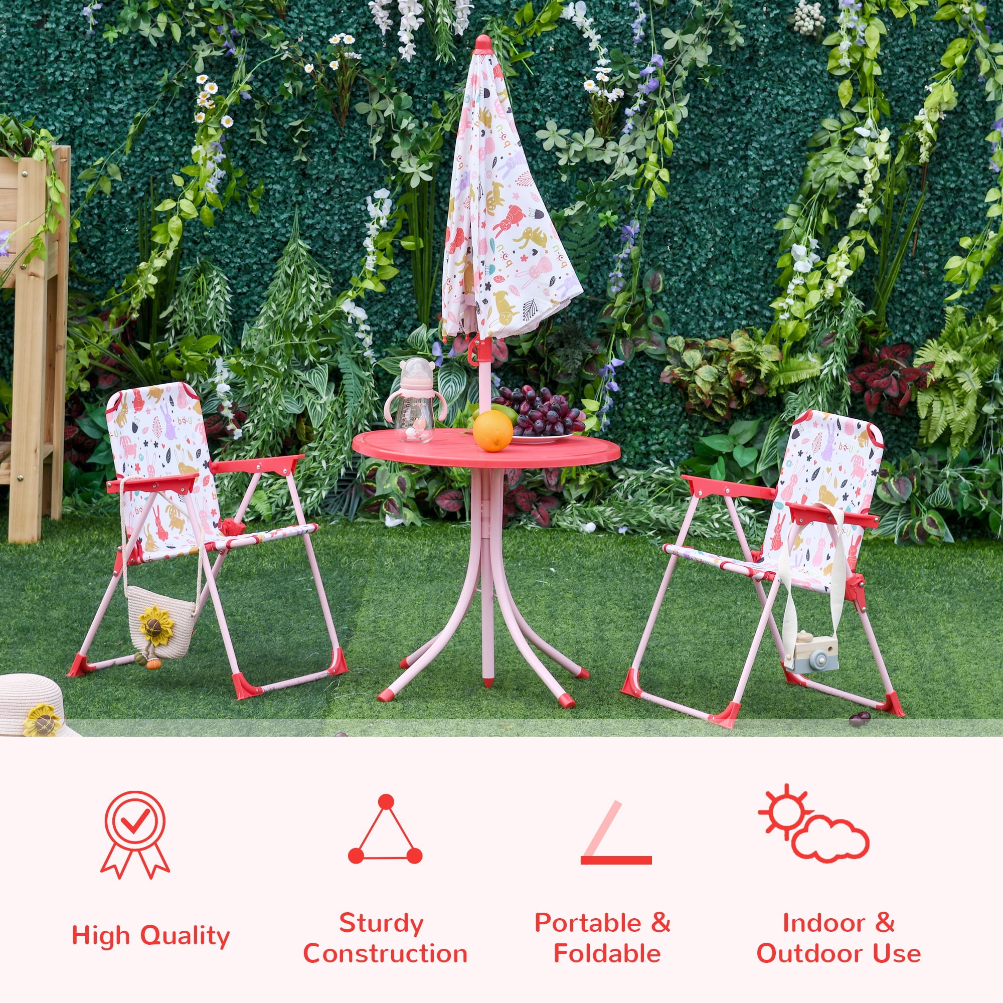 Outsunny Kids Folding Picnic Table and Chair Set with Removable and Height Adjustable Umbrella， Red