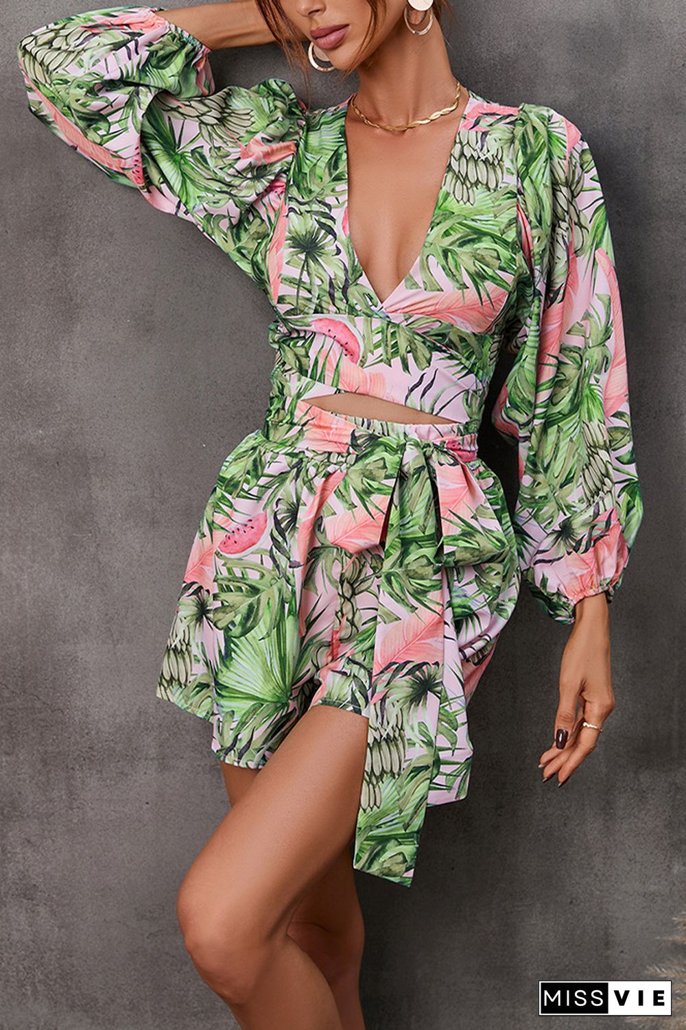 Printed V Neck Bubble Sleeves Hollow Out Waist Romper