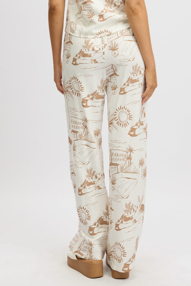 Brown Abstract Wide Leg Pants High Rise