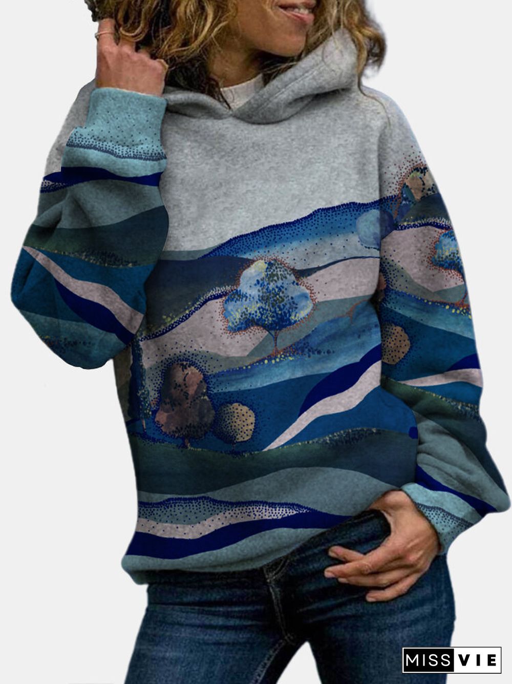 Landscape Printed Long Sleeve Casual Hoodie For Women