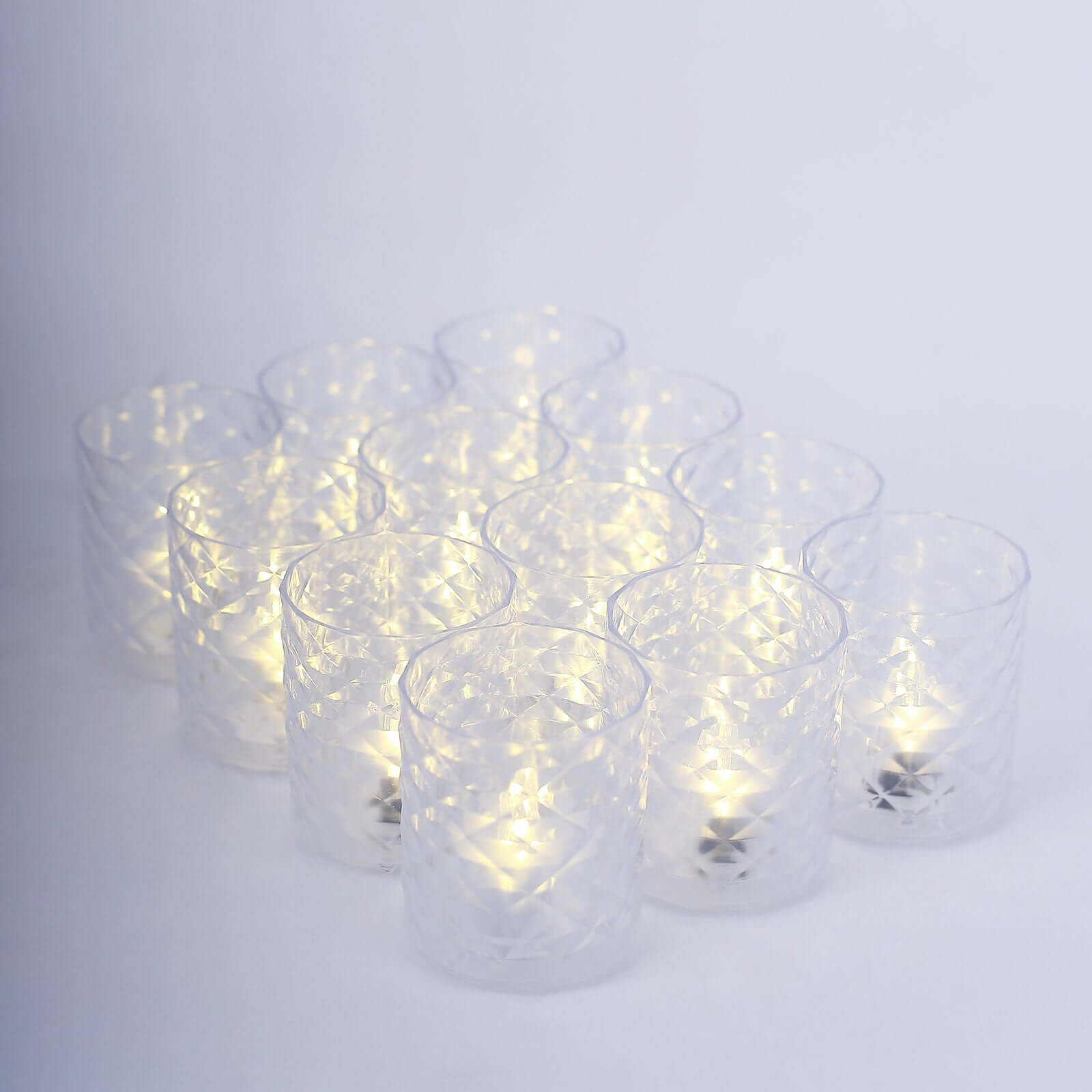 12 Pack Clear Acrylic Diamond LED Tealight Candle Holder Sets, Warm White Battery Operated Whiskey Glass Votive Candle Lamps 3