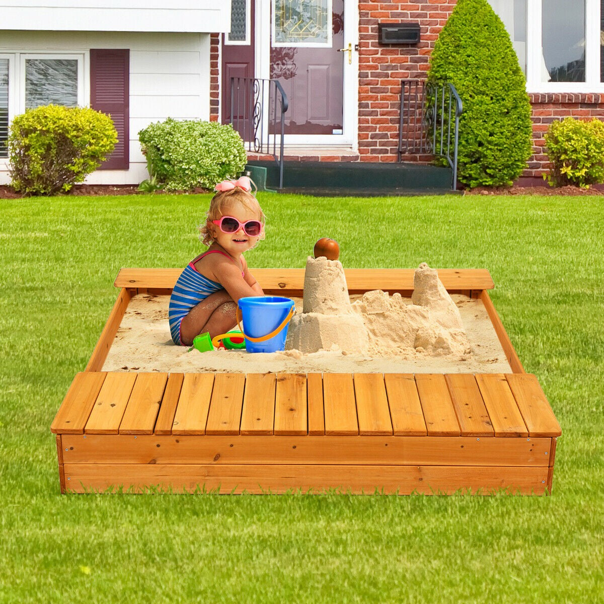 Kids Wooden Sandbox with Bench Seats & Storage Boxes