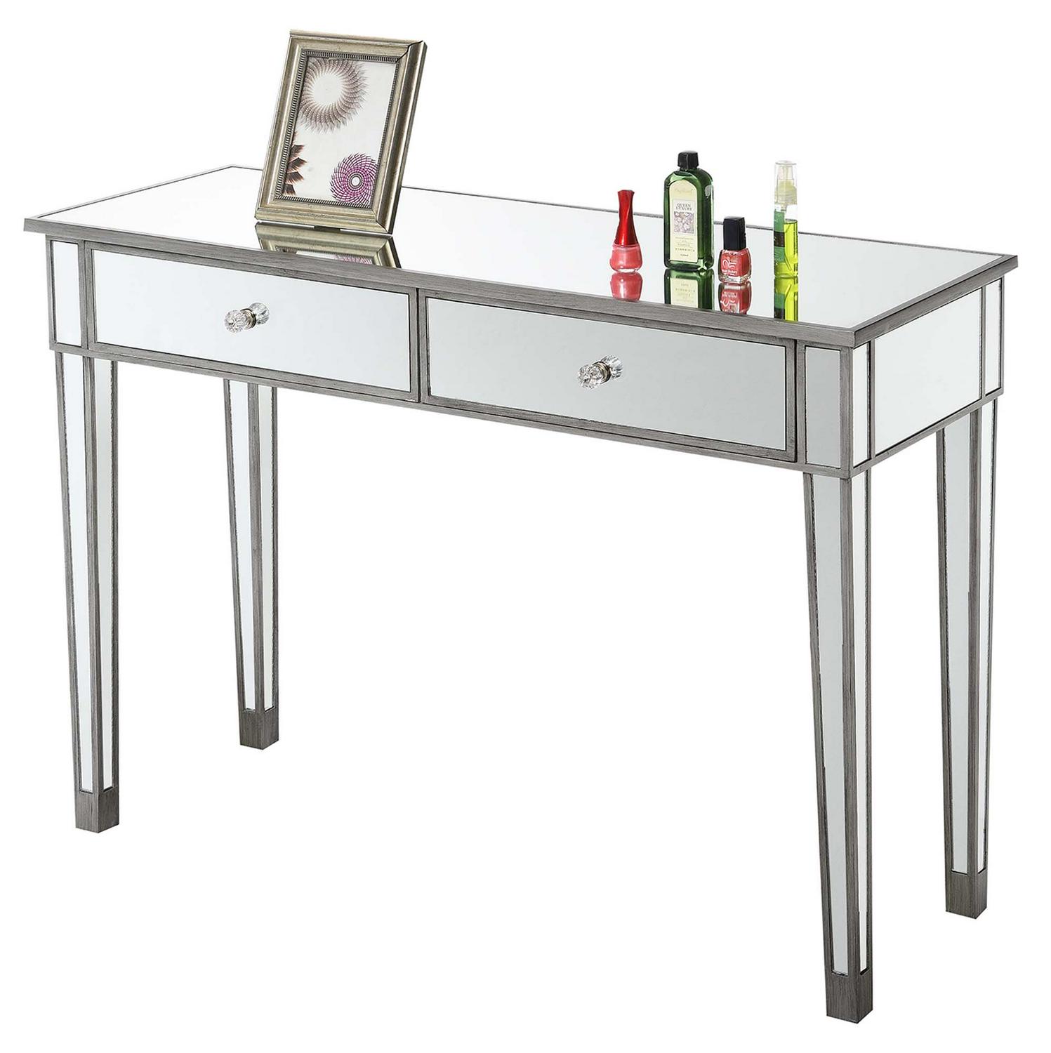 Convenience Concepts Gold Coast Mirrored 2 Drawer Desk Console Vanity Antique Silver