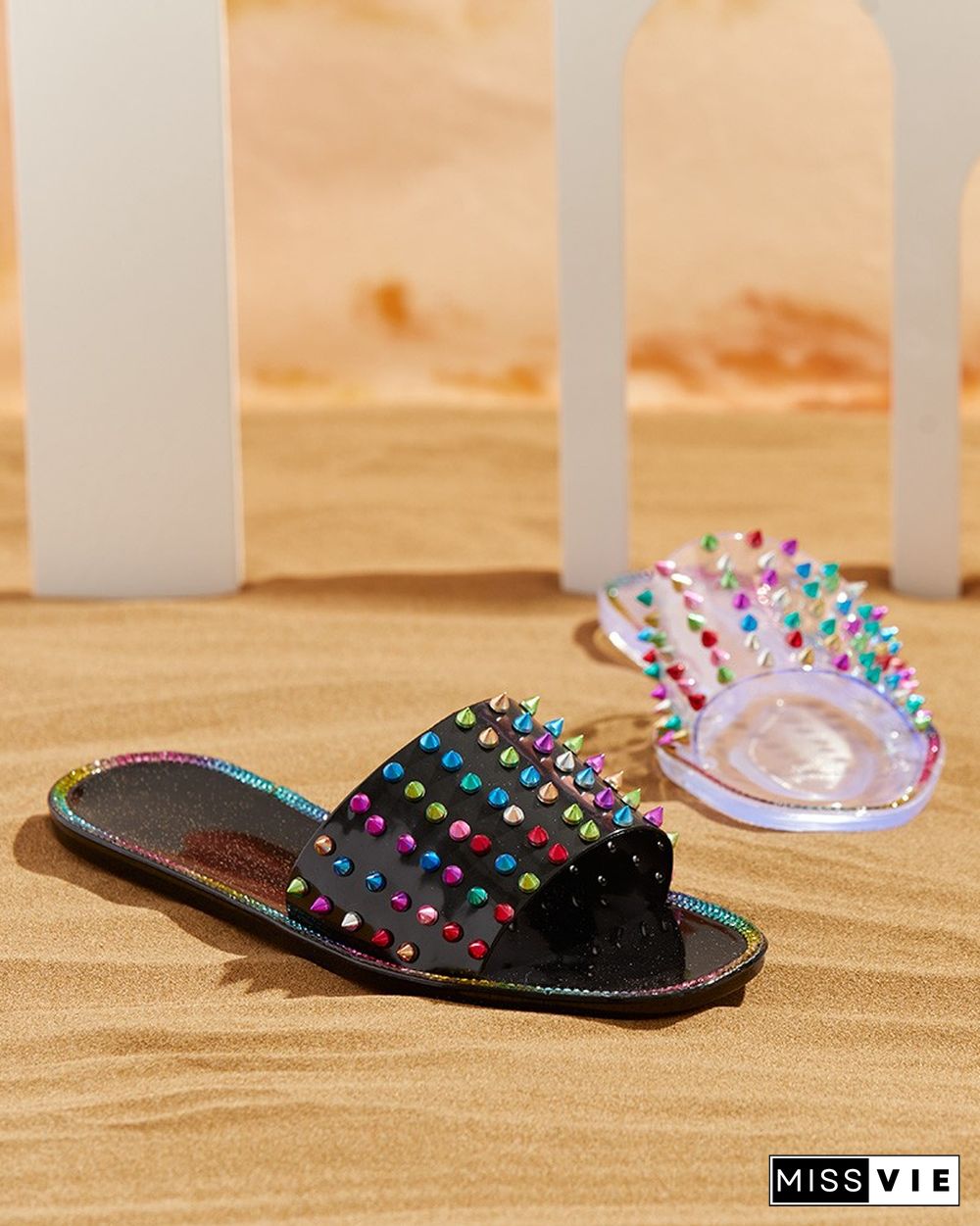 Colorful Rivet Clear Perspex Studded Slippers