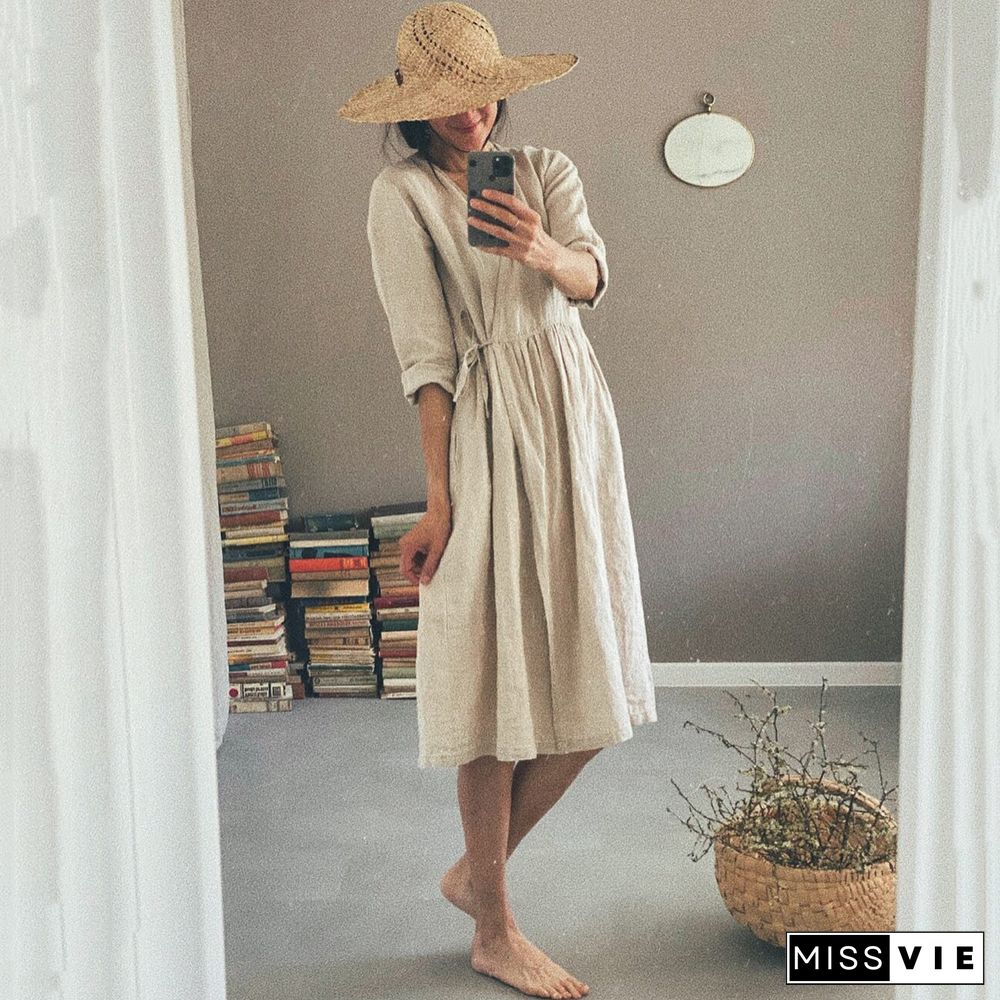 Casual V Neck Solid Tie Wrap Midi Dress