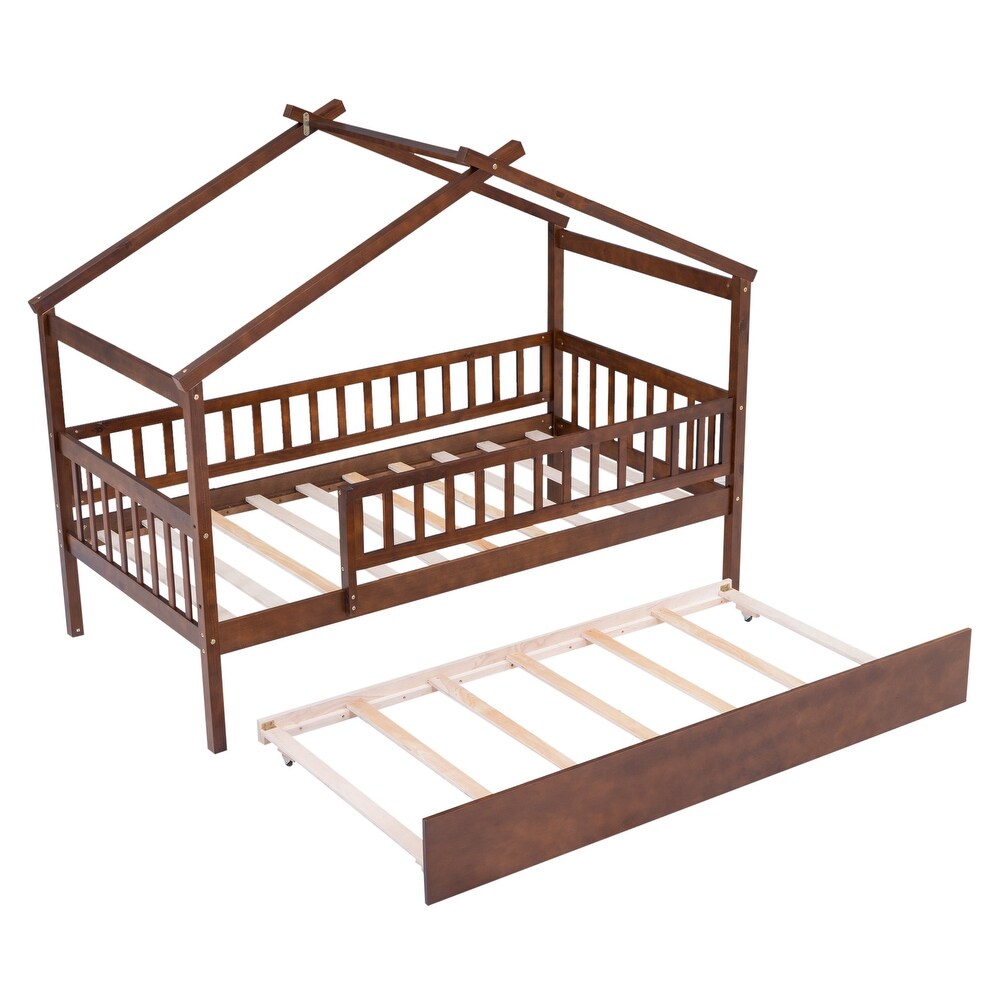 Nordic Twin Size Wooden House Bed with Twin Size Trundle Bed Frame   Safety Guard Rails No Box Spring Needed  Easy Assembly