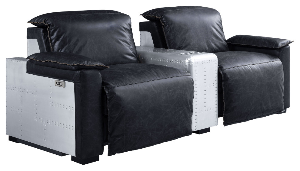 ACME Misezon Power Recliner in Black Top Grain Leather  ampAluminum   Industrial   Loveseats   by Homesquare  Houzz