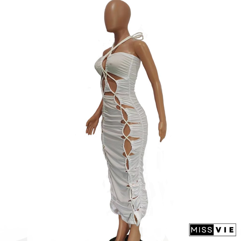 Ruched Cut Out Bandage Halter Maxi Dresses