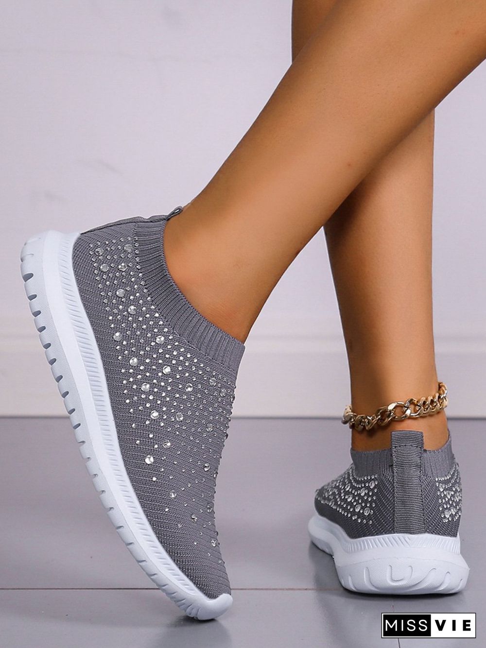 Rhinestone Design Portable Overfoot Lightweight Flyknit Sneakers