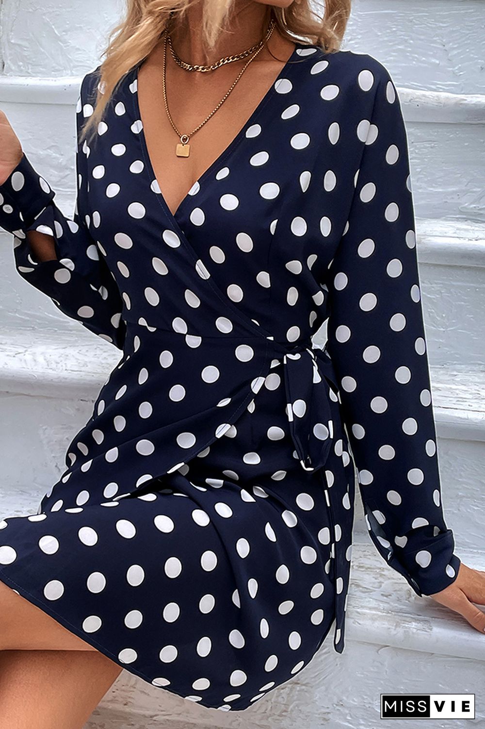 Navy Spot Print Wrap V Neck Side Sash Long Sleeves Dress