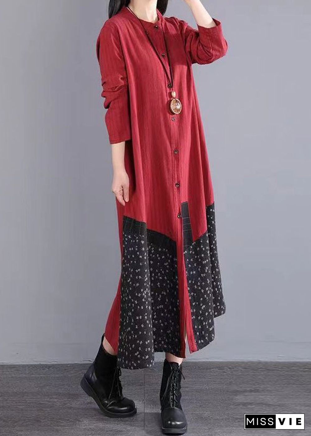 Boho Red Print Pockets Patchwork Cotton Long Dresses Fall