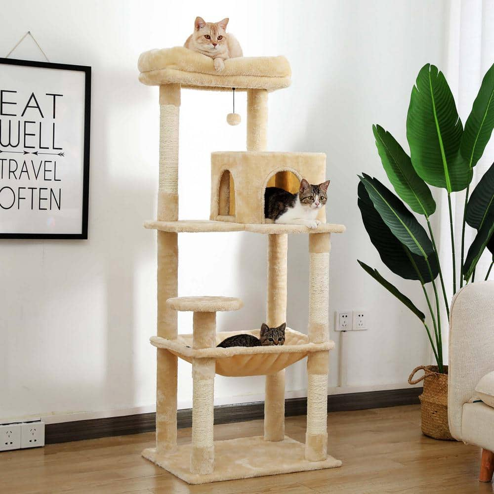 Foobrues Beige Plush Sisal Scratcher Cat Tree Cat House PSL-23170697