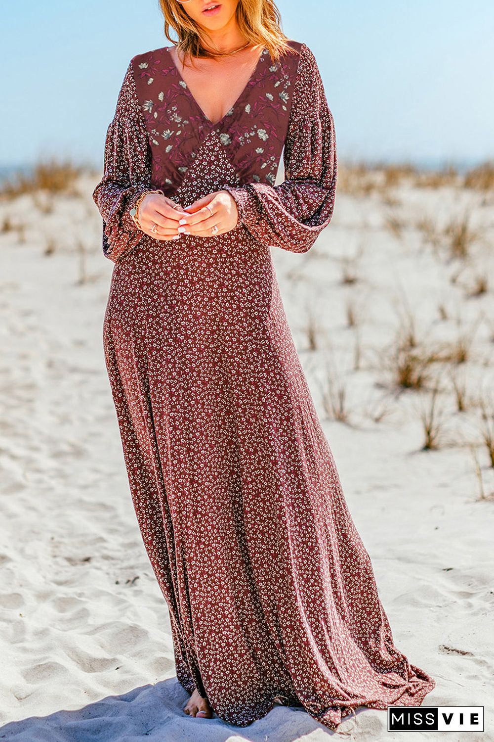 V Neck Puffy Sleeve Maxi Floral Dress