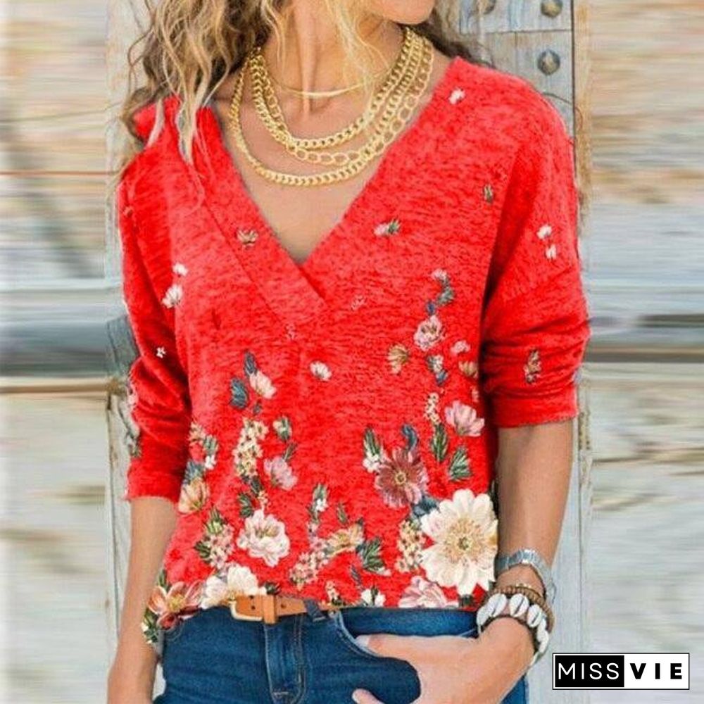 Women's Deep V Neck Shirt Tops Woman Elegant Printed Female Shirt Fall Retro Floral Long Sleeve Top Ladies Blouse