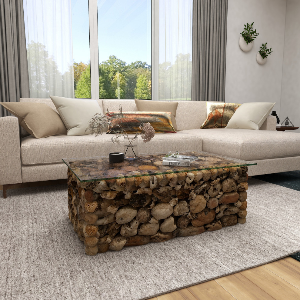 Zimlay Natural Mangrove Wood/Glass Coffee Table 37753   Rustic   Coffee Tables   by Brimfield  ampMay  Houzz