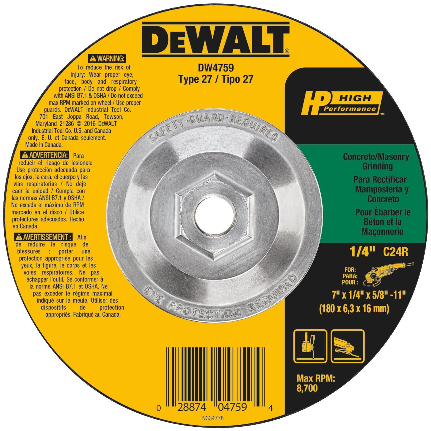 DW 7 in. D X 5/8 in. Masonry Grinding Wheel