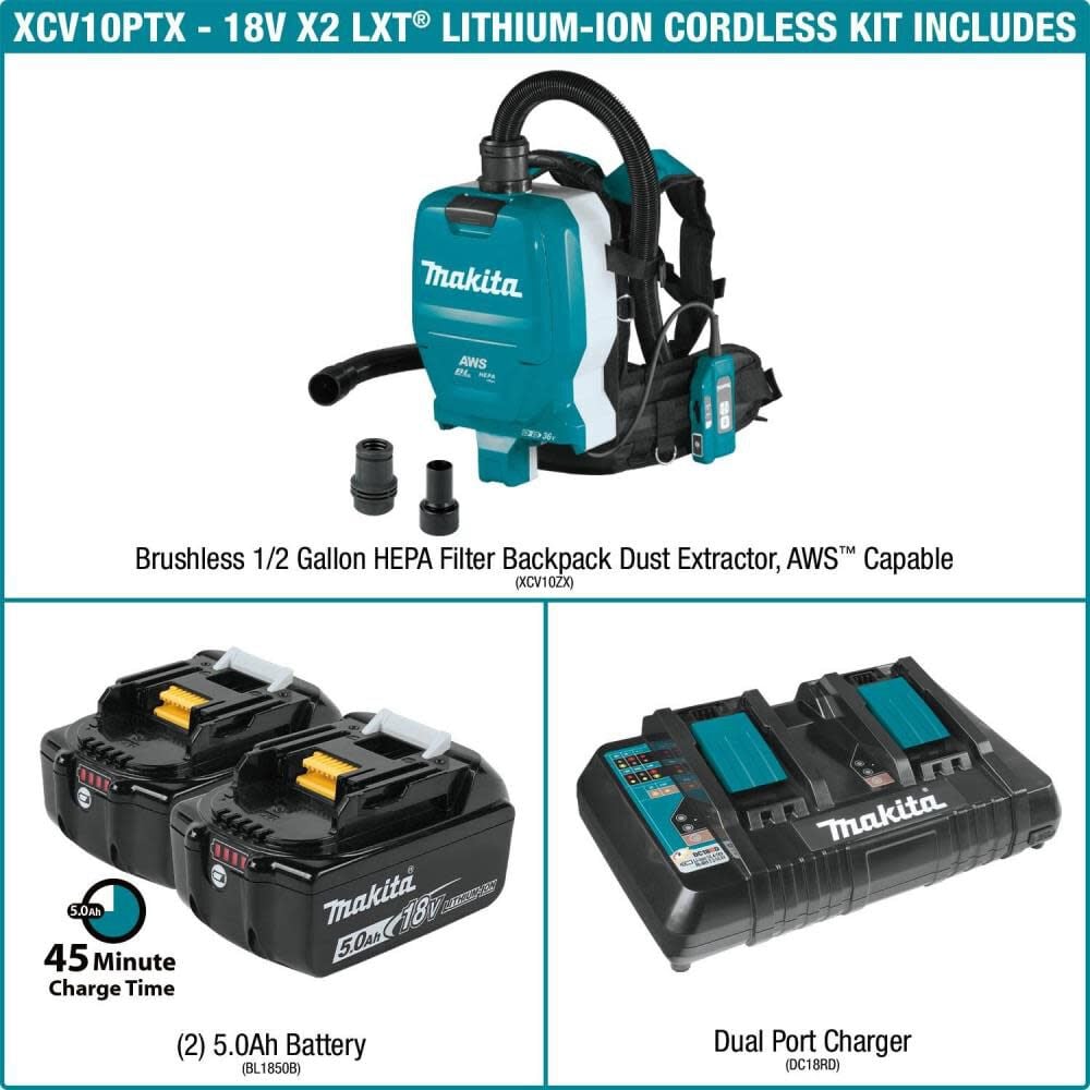 Makita 18V X2 LXT 36V 1/2 Gallon HEPA Backpack Dry Dust Extractor Kit XCV10PTX from Makita