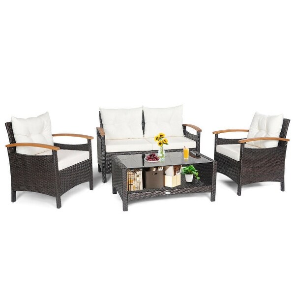 4 Pieces Patio Rattan Furniture Set with Cushioned Sofa and Storage Table