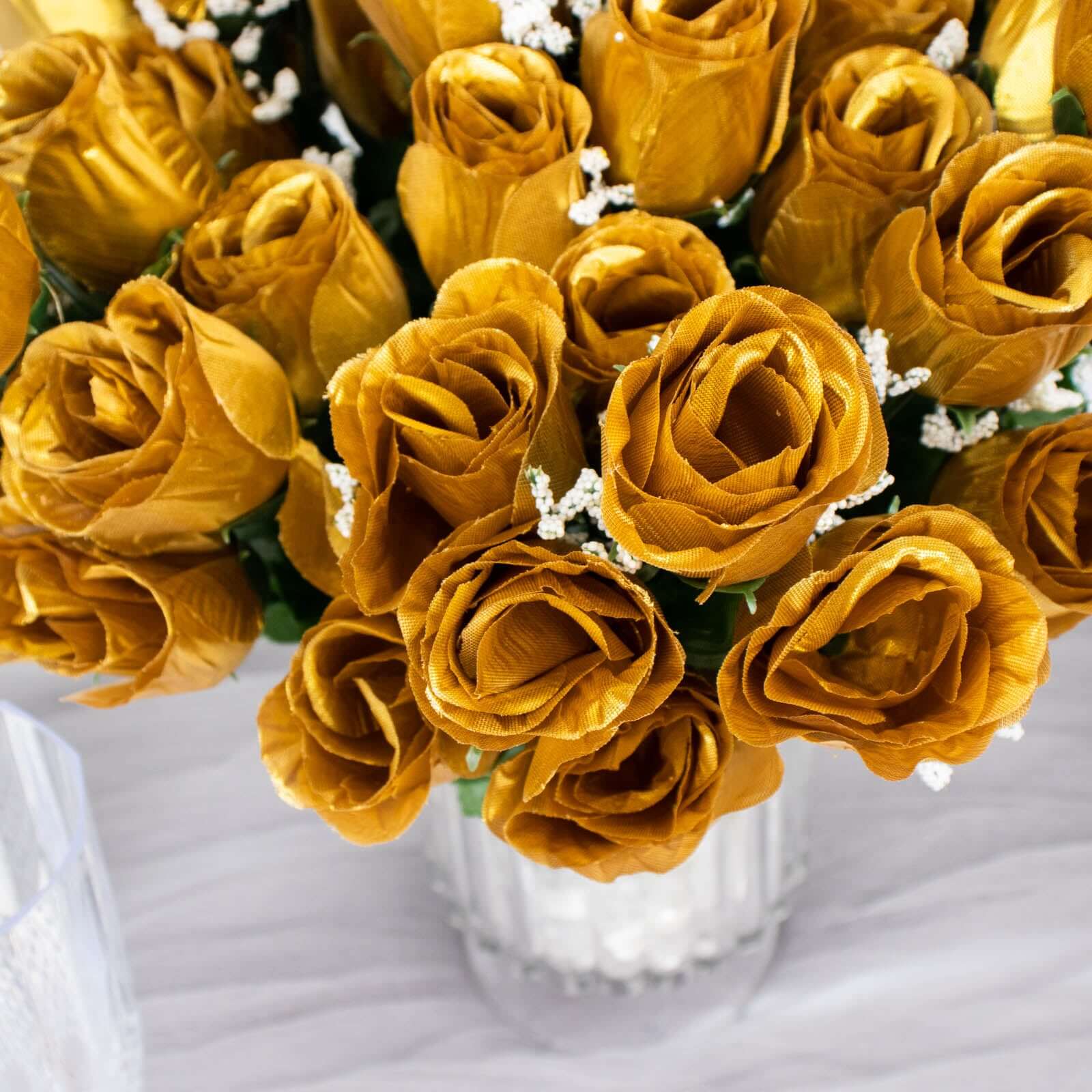 12 Bushes Gold Artificial Premium Silk Flower Rose Bud Bouquets