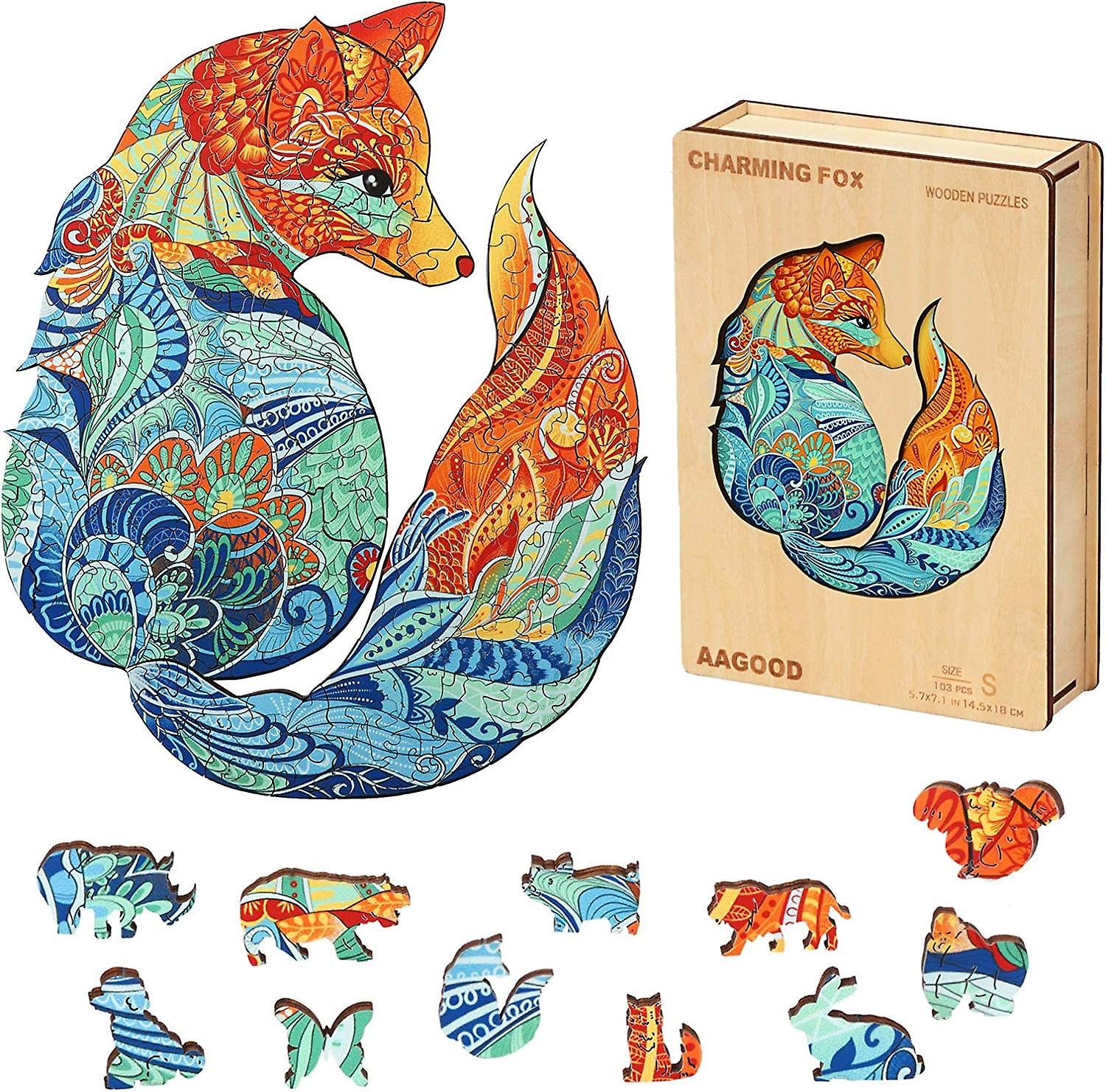 Wooden Puzzles For Adults， Fox Wooden Puzzle Jigsaw Unique Animal Shaped Pieces， Charming Fox Puzzle Best Gift For Adults， Kids， Toddlers， 143pcs (5.7