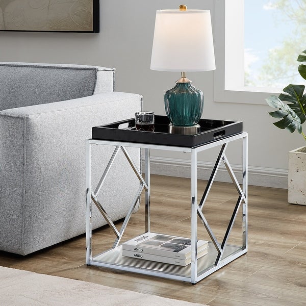 VANOMi 18'' Tray Top End Table Side Table With Stainless Steel Frame and Tempered Glass Panel - 18''x18''x19''