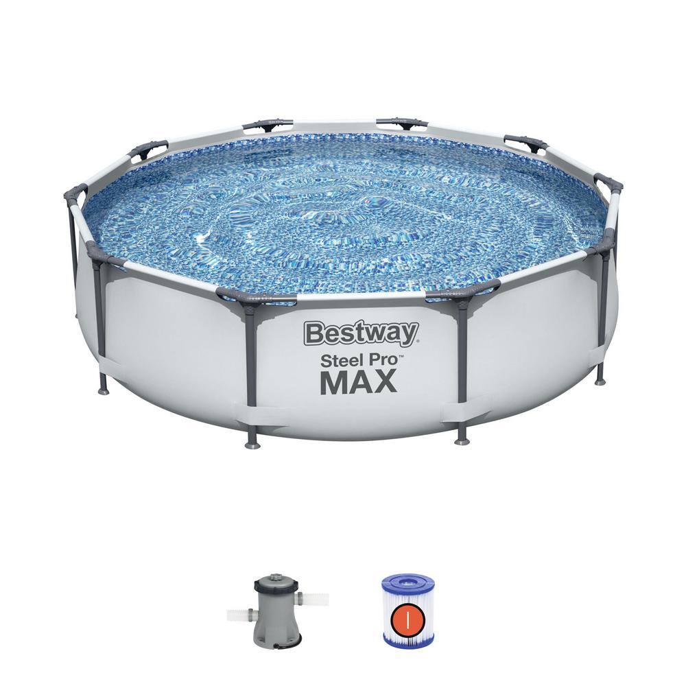 Bestway 10 ft. Round 30 in. D Steel Pro Hard Side Frame Above Ground Family Swimming Pool Set 56407E-BW