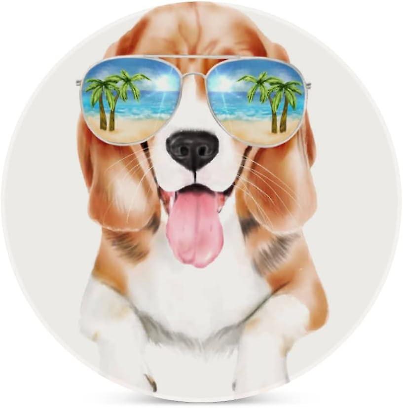 1pc Round Cool Dog Beagle Breed In Sunglasses Ceramic Coasters With Cork-backed For Coffee Drink Cup Mat Absorbent Stone Coasters