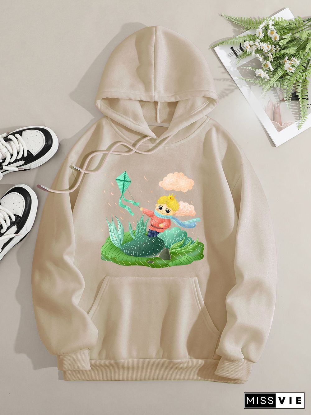 Printed on front Kangaroo Pocket Hoodie Long Sleeve for Women Pattern The Little Prince