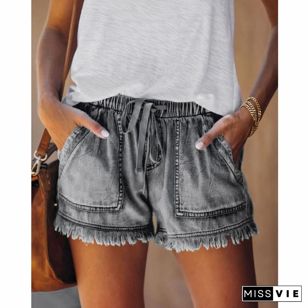 Women Summer Thin Denim Shorts Drawstring Waist Jeans Tassel Short Pants Ladies Beach Shorts