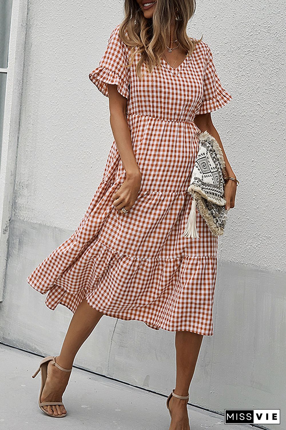 Plaid V-neck Short Sleeve Long Dress Wholesale