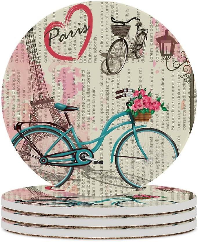 1pc Round Paris Vintage Poster Ceramic Coasters With Cork-backed For Coffee Drink Cup Mat Absorbent Stone Coasters