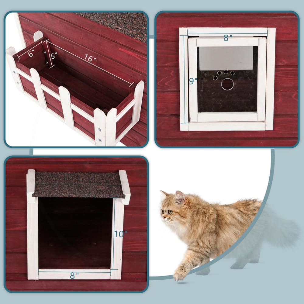 Red Solid Wood Cat House Larger Design for 3 Adult Outdoor Cats Weatherproof CATTHHHHOUS-2