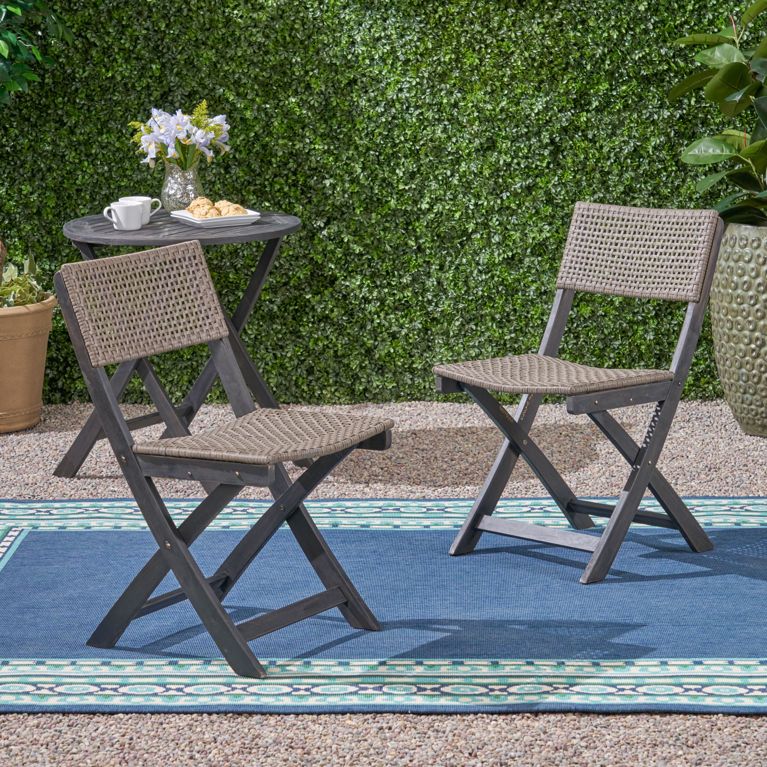 Truda Outdoor Acacia Wood Foldable Bistro Chairs with Wicker Seating (Set of 2)