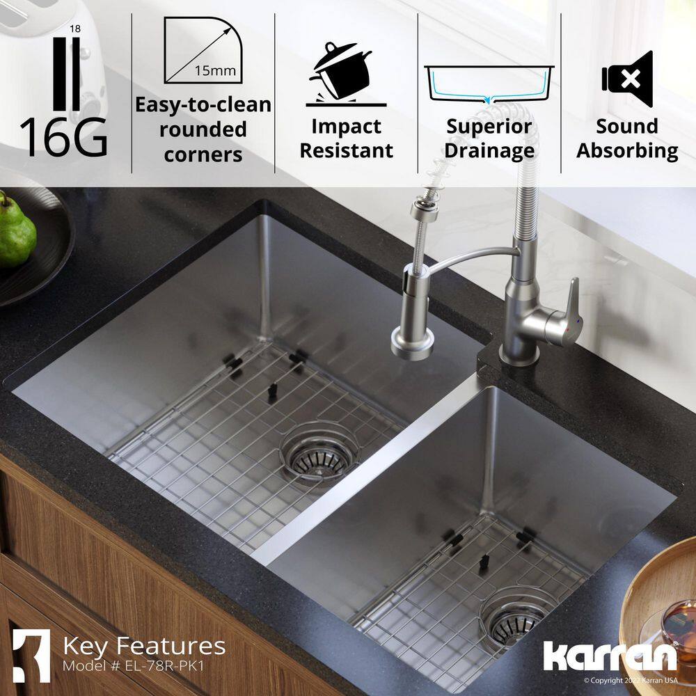 Karran 16-Gauge Stainless Steel 33 in. Double Bowl Undermount Kitchen Sink with Grid and Basket Strainer EL-78R-PK1