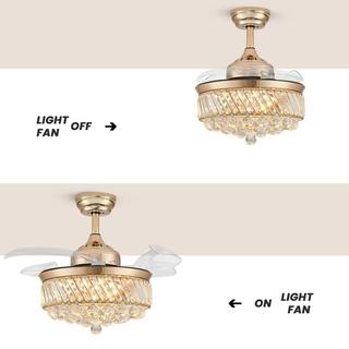 ANTOINE 36 in. Modern Indoor Retractable Blade Ceiling Fan with LED Light and Remote Control Gold Crystal Ceiling Fan Light HD-FSD-01