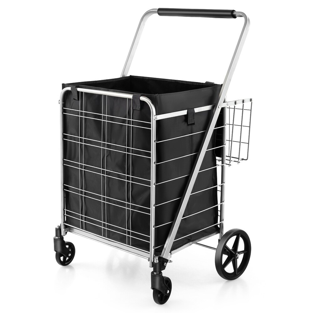 Folding Shopping Cart with Waterproof Liner Wheels and Basket Silver   26\