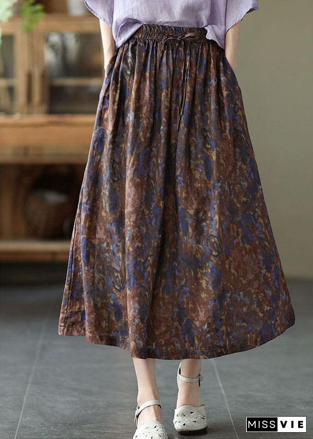 Chic Khaki Print Patchwork A Line Skirt Linen Fall