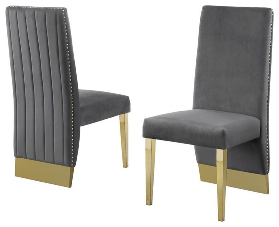 Maklaine Gray Tufted Velvet Accent Side Chairs in Gold Chrome (Set of 2)   Contemporary   Dining Chairs   by Homesquare  Houzz