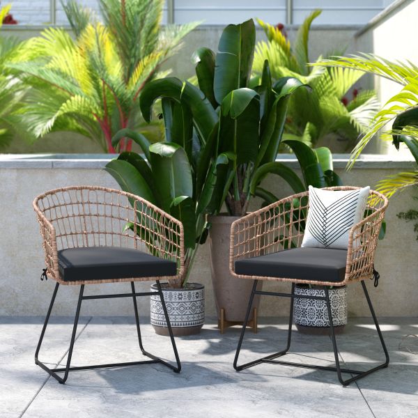 Devon Set of 2 Indoor/Outdoor Patio Boho Club Chairs， Rope with Natural PE Wicker Rattan， Black Cushions and Sled Base