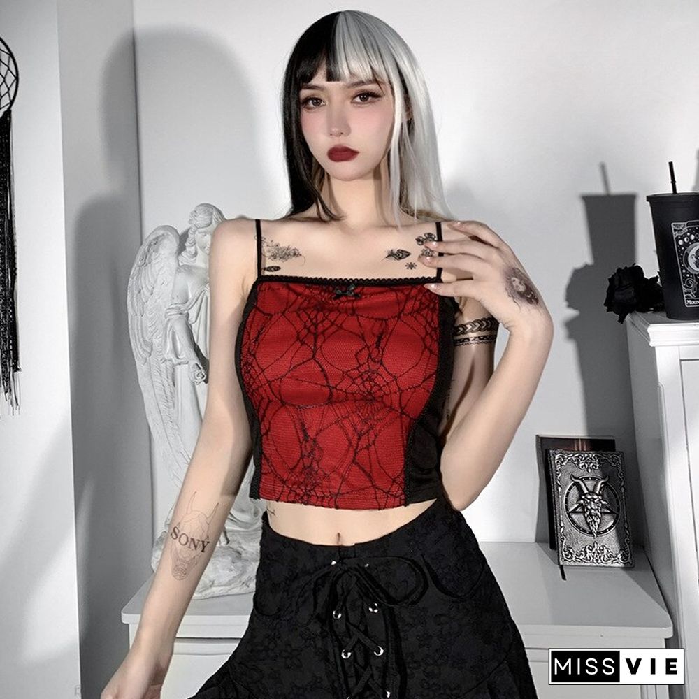 Grunge Goth Top Vintage Harajuku Sexy Cut Out Zipper Camisole Punk Spider Net Graphic Backless Summer Basic Crop Camis