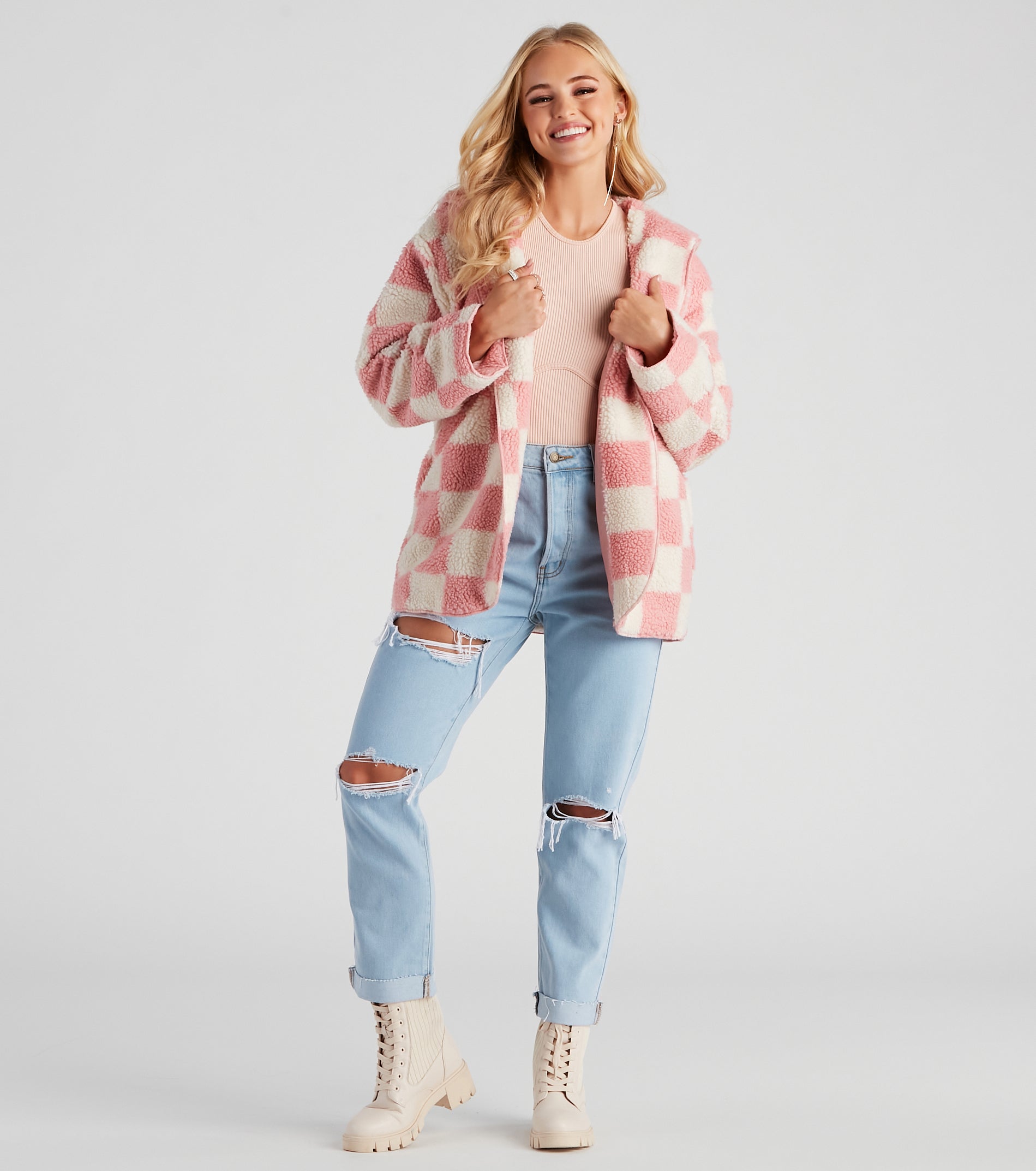 Cute In Checkered Faux Sherpa Jacket