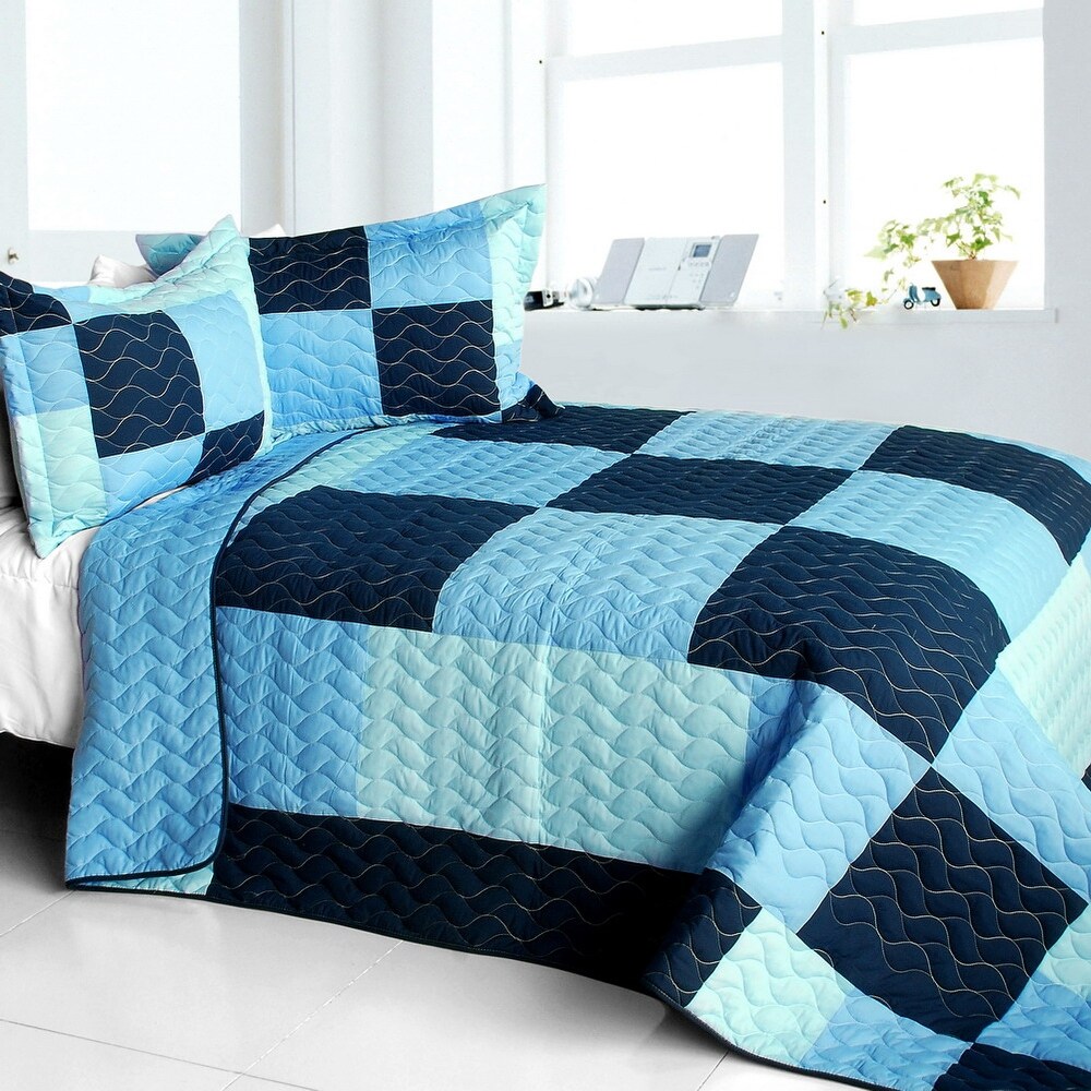 Azurite Vermicelli Quilted Patchwork Plaid Quilt Set Full/Queen