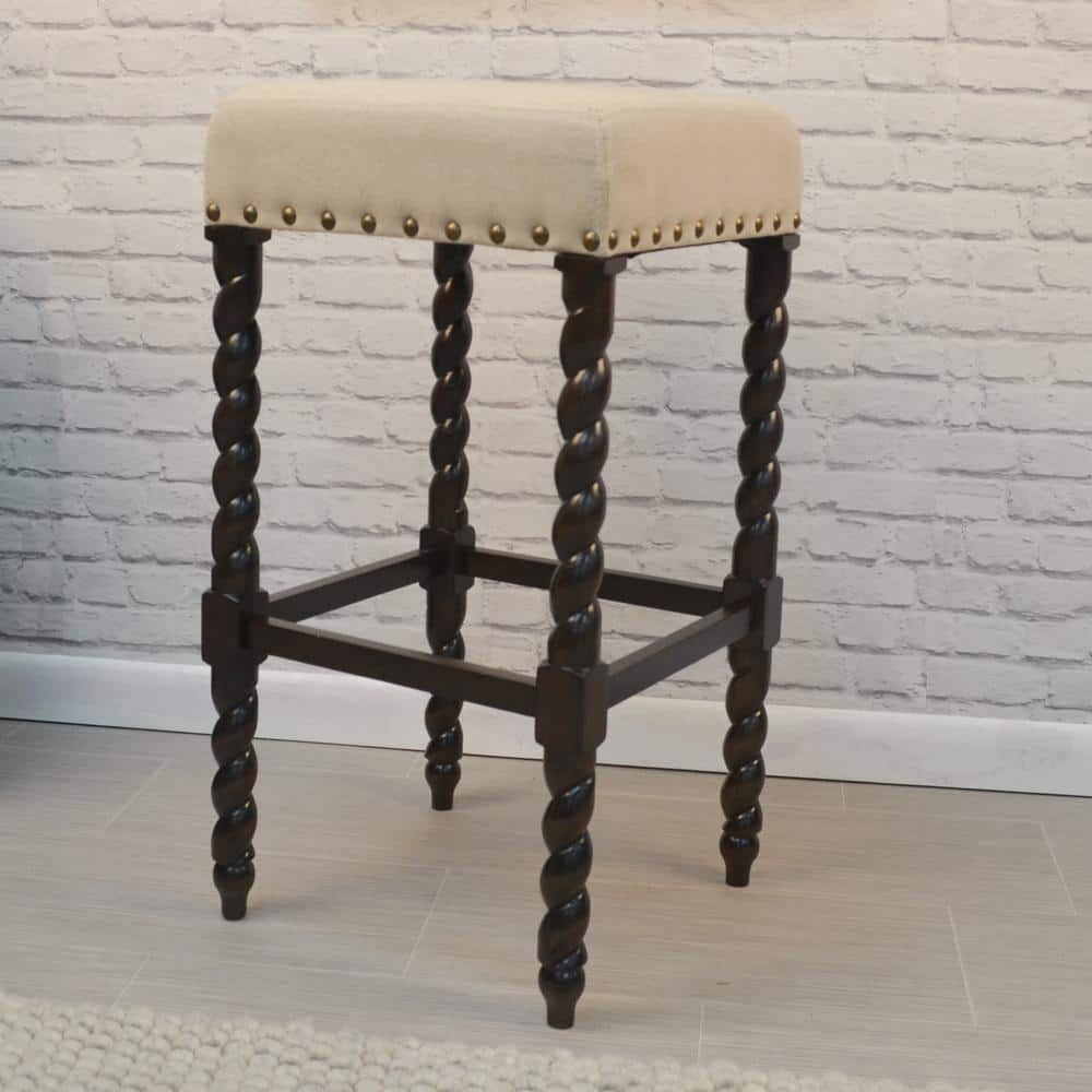 Carolina Cottage Remick 30 in. Espresso and Linen Barley Twist Upholstered Bar Stool 3664-ESLN