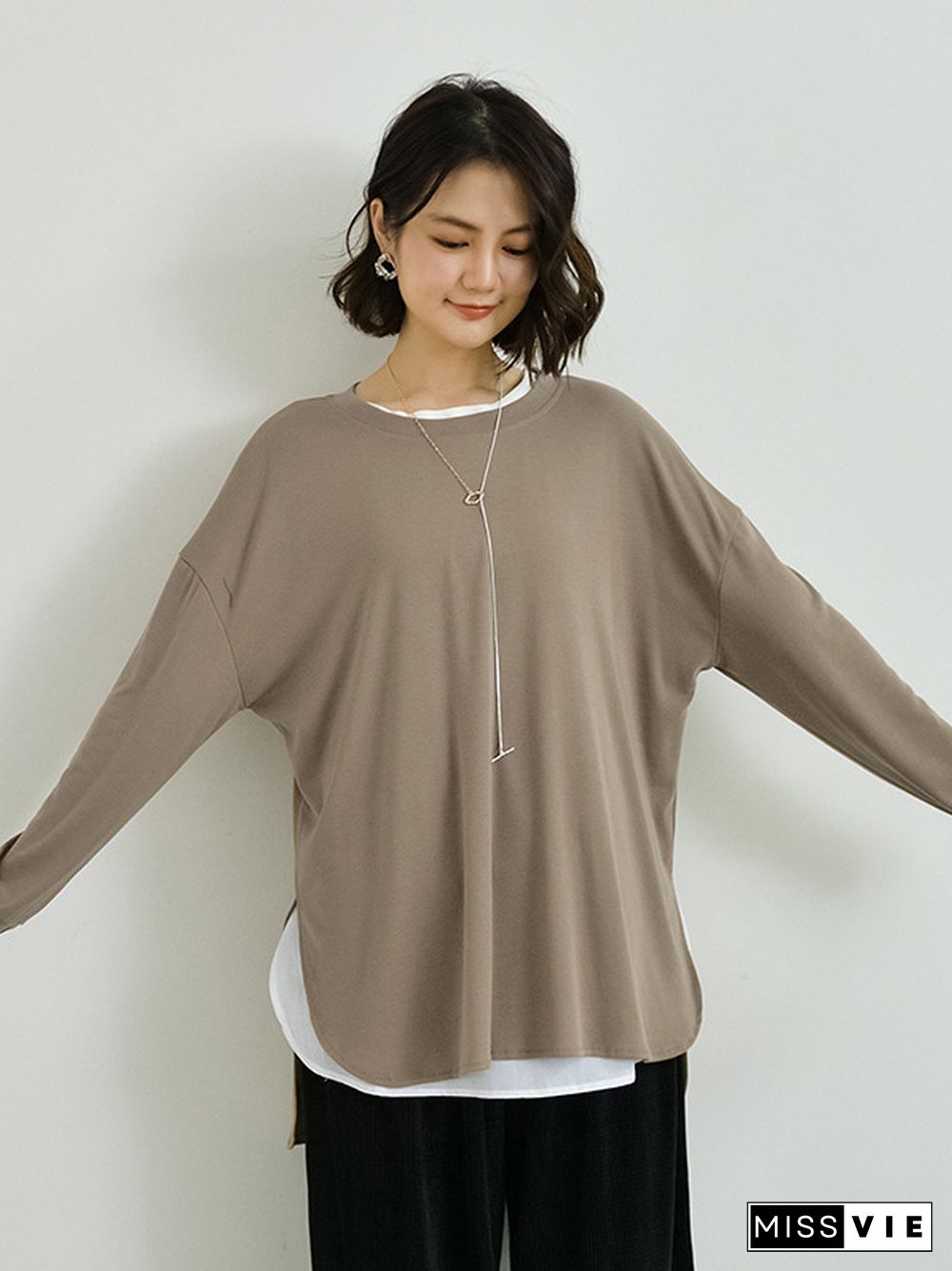 Simple Long Sleeves Loose Split-Side Solid Color Round-Neck T-Shirts Tops