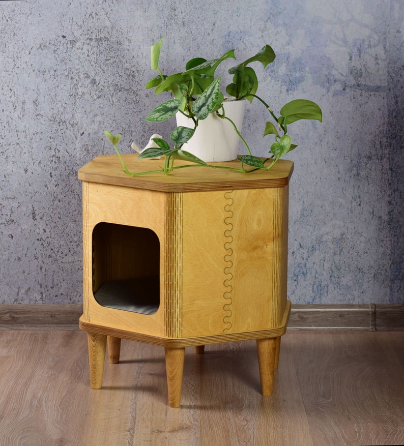 Cat hexagon house, wooden pet house, modern table, cat bed, pet furniture