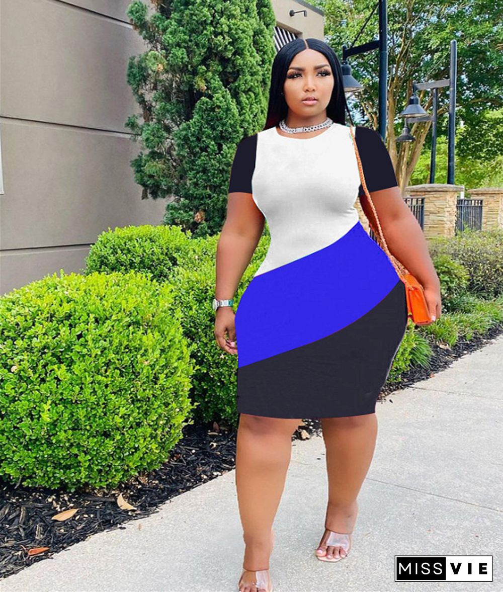 Color Block Short Sleeve Plus Size Pencil Dresses